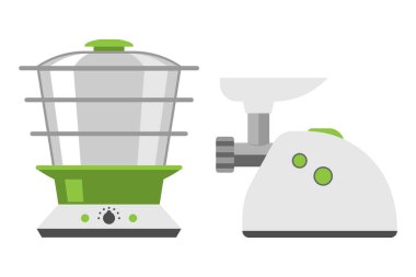 Mutfak madeni eşya ve düz stil ev pişirme elektronik gıda şablon teknoloji simgesi kavramı vektör yemek sanayii kıyma makinesi.