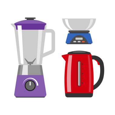 Elektrikli karıştırıcı dishware izole vektör çizim mutfak eşyaları cihazı ve çaydanlık simgesi elektrikli aracı ev teknoloji yemek yerli.