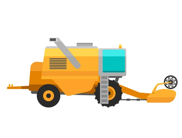 Type of agricultural yellow vehicle or harvester machine combine and icon with accessories for plowing mowing, planting and harvesting vector illustration. — Stock Vector