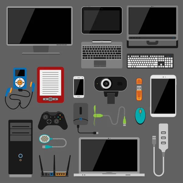 Elektronische gadgets pictogrammen technologie elektronica multimediatoestellen alledaagse voorwerpen controle en computer verbinding digitale netwerk vectorillustratie. — Stockvector