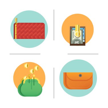 Düz para cüzdanı simgesini kontrol listesi satınalma nakit iş para Finans ödeme ve çanta Yatırım Bankası ticaret Doları ekonomi vektör çizim yapma.