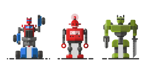かわいいビンテージ ロボット技術マシン未来科学おもちゃとサイボーグ未来的なデザイン ロボット要素アイコン文字ベクトル図. — ストックベクタ