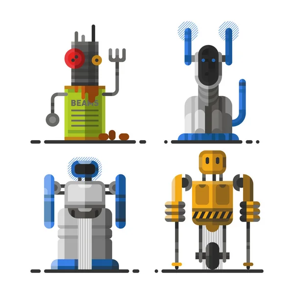 귀여운 빈티지 로봇 기술 기계 미래 과학 장난감 및 미래의 사이보그 로봇 요소 아이콘 문자 벡터 일러스트 레이 션 디자인. — 스톡 벡터