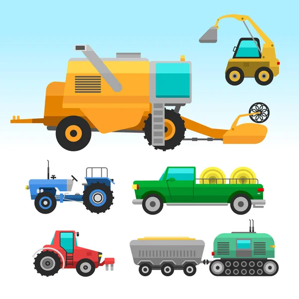 Mezőgazdasági járművek és betakarító gép egyesíti és kotrók ikon készlet tartozékokkal, a szántás, kaszálás, ültetés és a betakarítás vektoros illusztráció. — Stock Vector