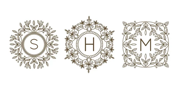 Monogram logo i tekst odznaka linii godło sztuka wektor ilustracja luksus szablon kwitnie znak kaligraficzny liści elegancki ornament. — Wektor stockowy