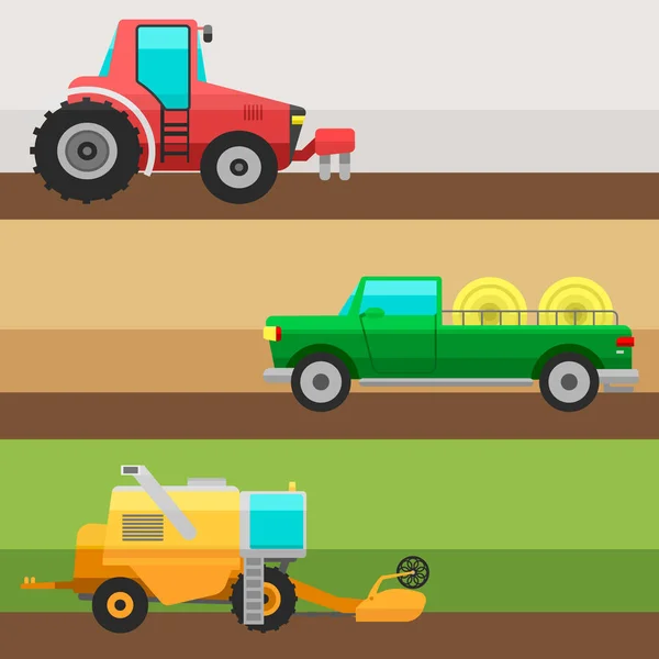 Agricultural vehicles cards harvester machine combines and excavators icon set with accessories for plowing mowing, planting and harvesting vector illustration. — Stock Vector