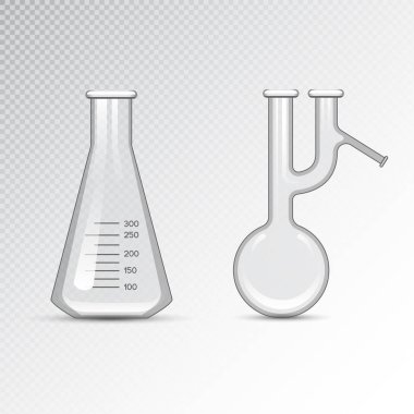 Kimyasal laboratuvar 3d laboratuvar şişesi cam tüp sıvı biyoteknoloji analizi ve tıbbi bilimsel ekipman vektör çizim.