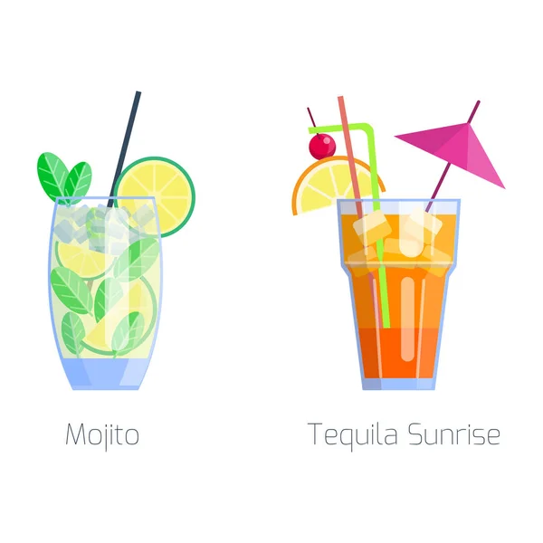 Alkollü kokteyller izole meyve soğuk içecekler tropikal mojito tazelik ve parti alkol tatlı tekila vektör çizim. — Stok Vektör