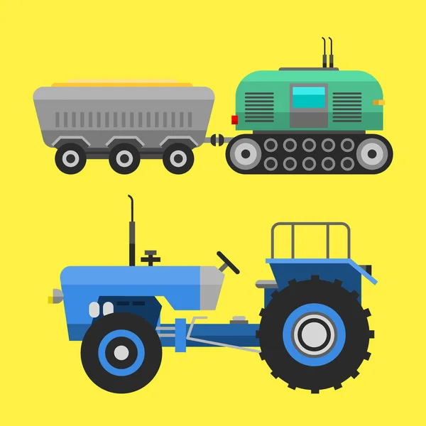 Landwirtschaftliche Fahrzeuge und Erntemaschinen Mähdrescher und Bagger Symbolset mit Zubehör zum Mähen, Pflanzen und Ernten Vektorillustration. — Stockvektor