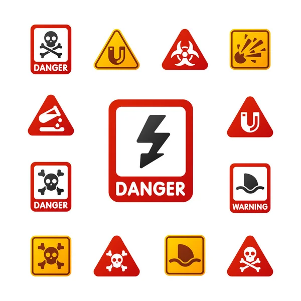 Prohibición signos conjunto industria producción vector amarillo rojo advertencia peligro símbolo prohibido seguridad información y protección no permitida precaución información . — Vector de stock