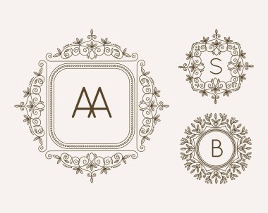 Monogram logo ve metin rozet amblemi satırı sanat vektör çizim lüks şablonu kaligrafi yaprakları zarif süsleme işareti geliştiği.