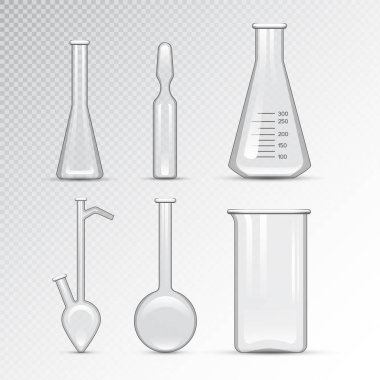 Kimyasal laboratuvar 3d laboratuvar şişesi cam tüp sıvı biyoteknoloji analizi ve tıbbi bilimsel ekipman vektör çizim.