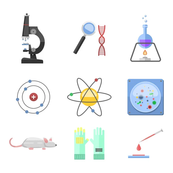 Os símbolos do laboratório testam o conceito científico do microscópio da molécula do projeto da biologia do laboratório médico e a ilustração do vetor dos ícones da química da ciência da biotecnologia . — Vetor de Stock