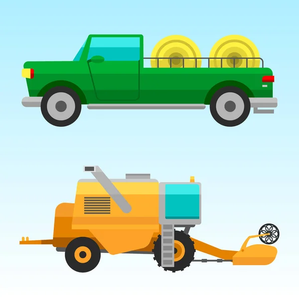 Agricultural vehicles and harvester machine combines and excavators icon set with accessories for plowing mowing, planting and harvesting vector illustration. — Stock Vector