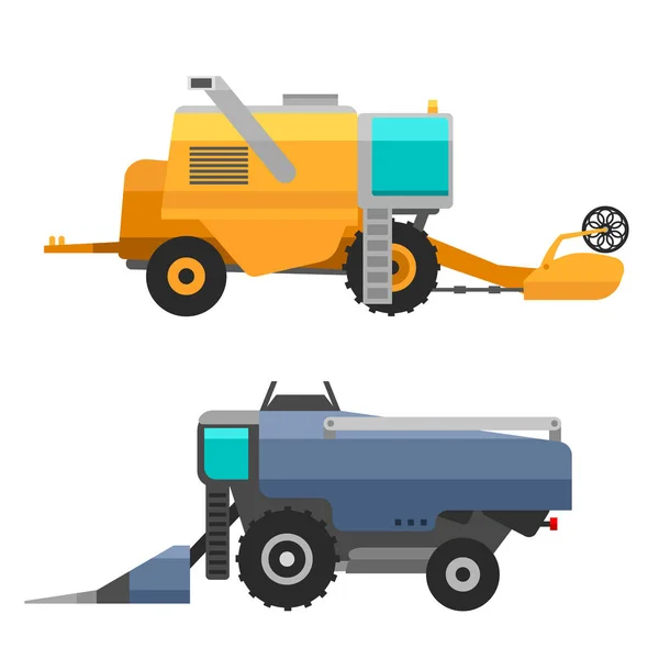 Agricultural vehicles and harvester machine combines and excavators icon set with accessories for plowing mowing, planting and harvesting vector illustration. — Stock Vector