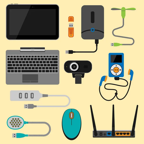 Iconos de aparatos electrónicos tecnología electrónica dispositivos multimedia control de objetos cotidianos y conexión a la computadora ilustración vectorial de red digital . — Vector de stock