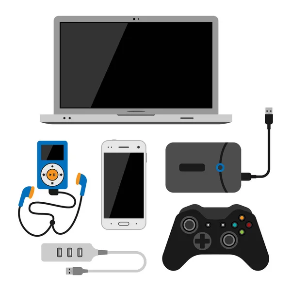 Elektronische gadgets pictogrammen technologie elektronica multimediatoestellen alledaagse voorwerpen controle en computer verbinding digitale netwerk vectorillustratie. — Stockvector