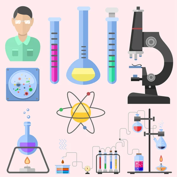 Lab symbols test medical laboratory scientific biology design molecule microscope concept and biotechnology science chemistry icons vector illustration. — Stock Vector