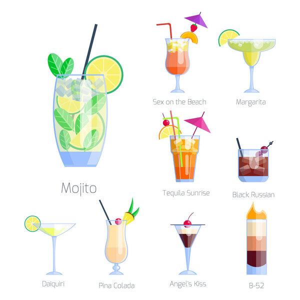 Set of alcoholic cocktails isolated fruit cold drinks tropical cosmopolitan freshness collection and party alcohol sweet tequila vector illustration.