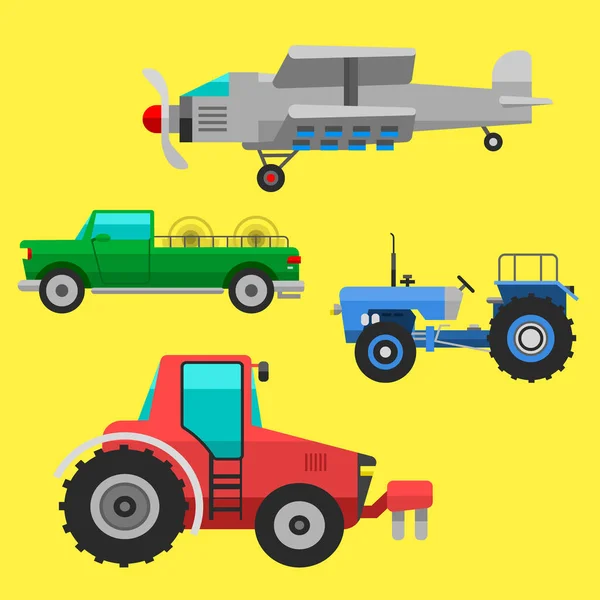 Veicoli agricoli e macchine mietitrebbie ed escavatori set di icone con accessori per arare falciare, piantare e raccogliere illustrazione vettoriale . — Vettoriale Stock