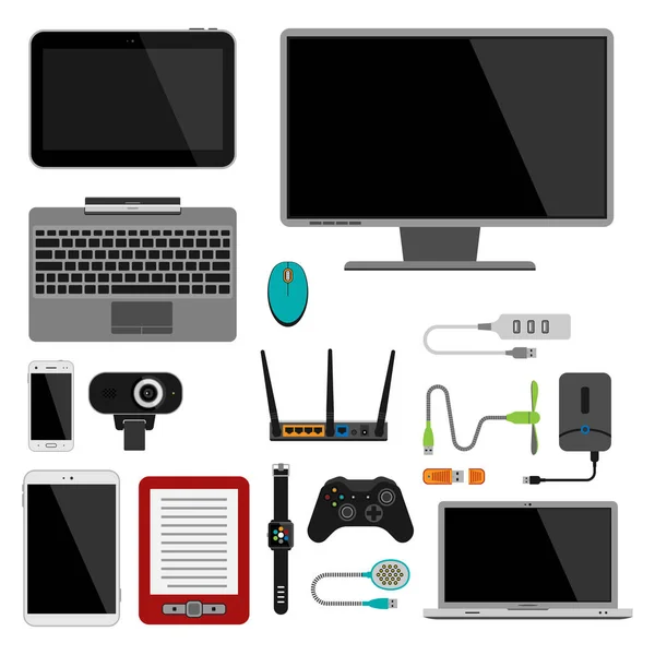 Elektronische gadgets pictogrammen technologie elektronica multimediatoestellen alledaagse voorwerpen controle en computer verbinding digitale netwerk vectorillustratie. — Stockvector