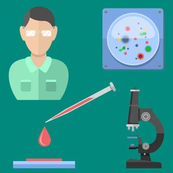 Os símbolos do laboratório testam o conceito científico do microscópio da molécula do projeto da biologia do laboratório médico e a ilustração do vetor dos ícones da química da ciência da biotecnologia . — Vetor de Stock