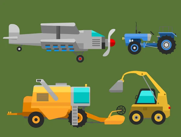 Agricultural vehicles and harvester machine combines and excavators icon set with accessories for plowing mowing, planting and harvesting vector illustration. — Stock Vector