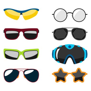 Güneş gözlüğü Aksesuar güneş gözlüğü plastik çerçeve modern gözlük vektör çizim moda ayarla.