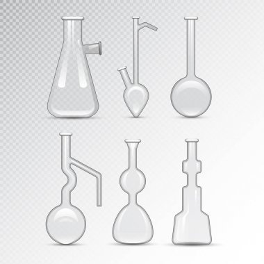 Kimyasal laboratuvar 3d laboratuvar şişesi cam tüp sıvı biyoteknoloji analizi ve tıbbi bilimsel ekipman vektör çizim.