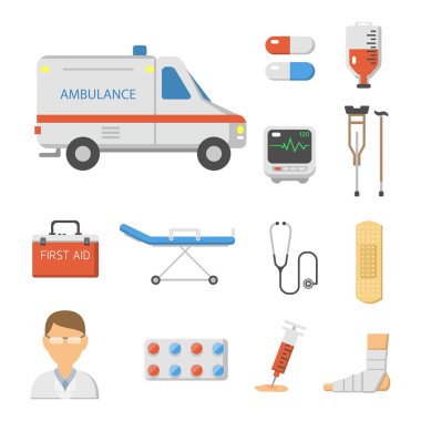 Bakım ambulans hastane acil insan eczane vektör çizim tıbbi Icons set.