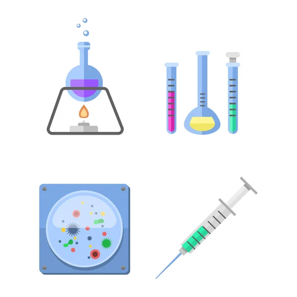 Tıbbi Laboratuar bilimsel biyoloji tasarım molekül şırınga konsepti laboratuvar sembolleri test ve biyoteknoloji bilim kimya simgeler illüstrasyon vektör. — Stok Vektör