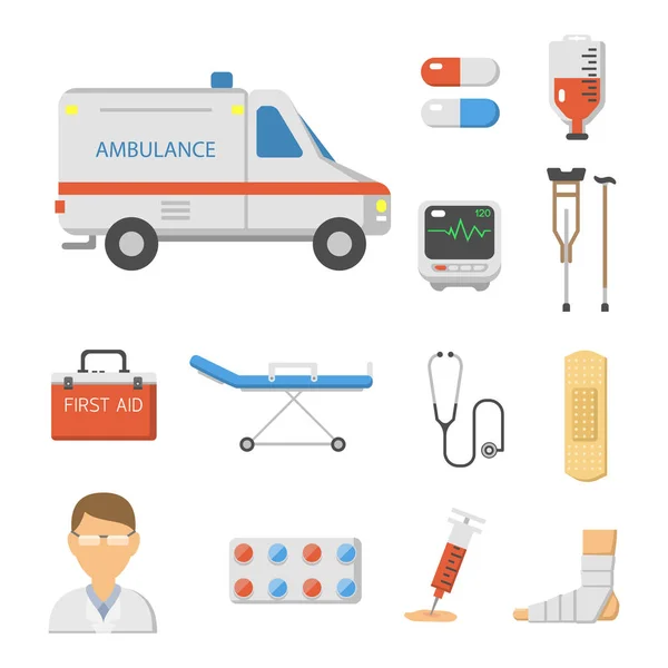 Medical icons set care ambulance hospital emergency human pharmacy vector illustration. — Stock Vector