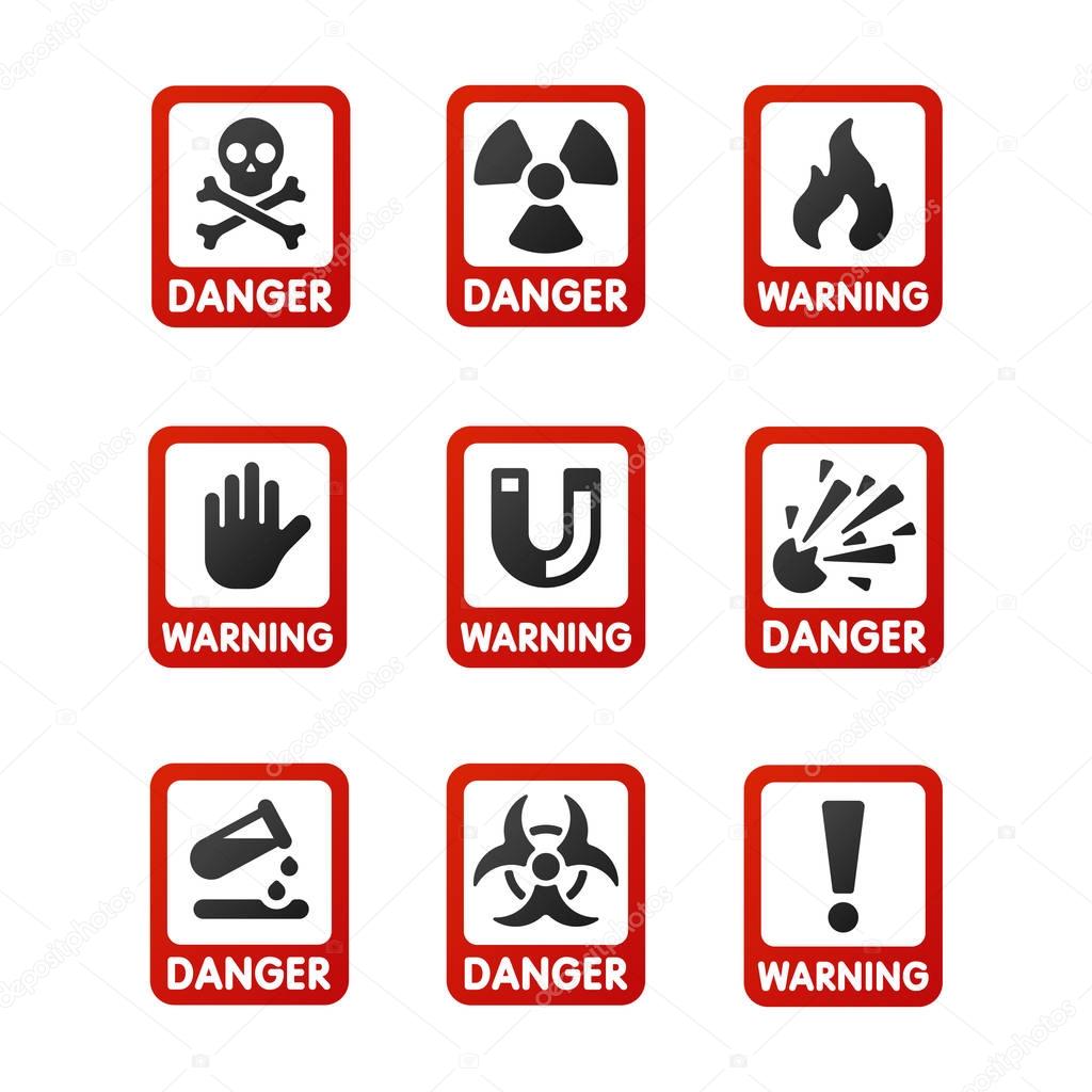 Prohibition signs set industry production vector yellow red warning danger symbol forbidden safety information and protection no allowed caution information.