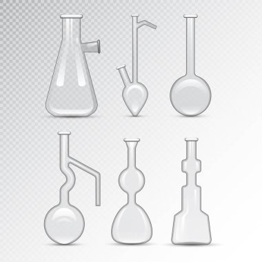 Kimyasal laboratuvar 3d laboratuvar şişesi cam tüp sıvı biyoteknoloji analizi ve tıbbi bilimsel ekipman vektör çizim.