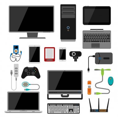 Elektronik becerikli alet simgeler teknoloji elektronik çoklu ortam aygıtları gündelik nesneler denetim ve bilgisayar bağlantı dijital ağ vektör çizim.