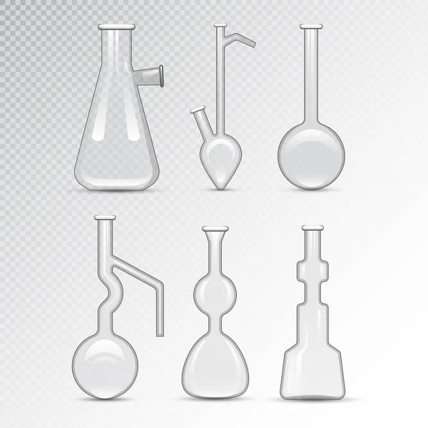 Laboratorio químico 3d laboratorio matraz vidrio tubo líquido biotecnología análisis y equipo científico médico vector ilustración . — Vector de stock