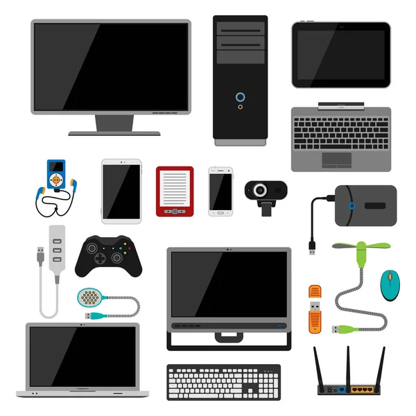 Electronic gadgets icons technology electronics multimedia devices everyday objects control and computer connection digital network vector illustration. — Stock Vector