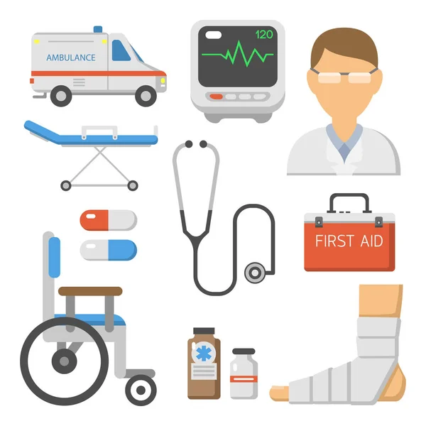 Medical icons set care ambulance hospital emergency human pharmacy vector illustration. — Stock Vector