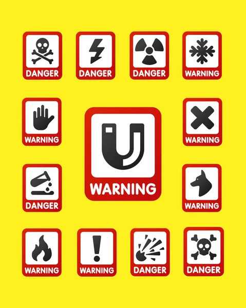 Prohibición signos conjunto industria producción vector amarillo rojo advertencia peligro símbolo prohibido seguridad información y protección no permitida precaución información . — Vector de stock