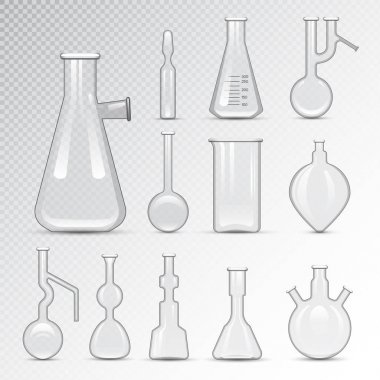Kimyasal laboratuvar 3d laboratuvar şişesi cam tüp sıvı biyoteknoloji analizi ve tıbbi bilimsel ekipman vektör çizim.