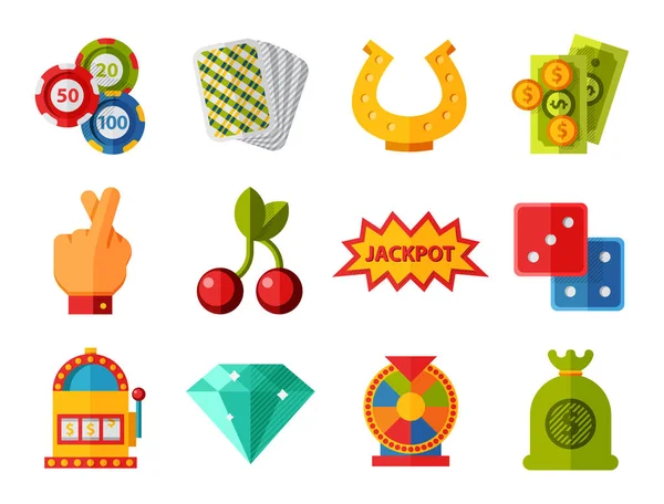 Juego de casino iconos póquer jugador símbolos blackjack ganar ruleta joker slotbvector ilustración . — Vector de stock