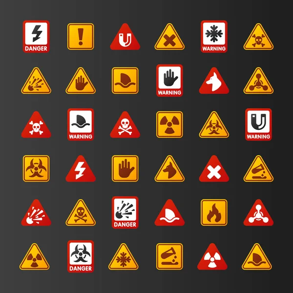 Prohibición signos conjunto industria producción vector amarillo rojo advertencia peligro símbolo prohibido seguridad información y protección no permitida precaución información . — Archivo Imágenes Vectoriales