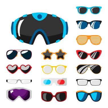 Güneş gözlüğü Aksesuar güneş gözlüğü plastik çerçeve modern gözlük vektör çizim moda ayarla.