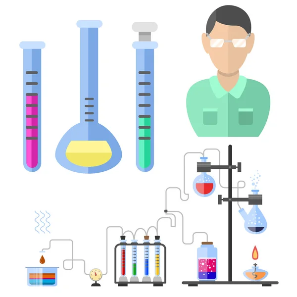 Os símbolos do laboratório testam o conceito científico do microscópio da molécula do projeto da biologia do laboratório médico e a ilustração do vetor dos ícones da química da ciência da biotecnologia . — Vetor de Stock