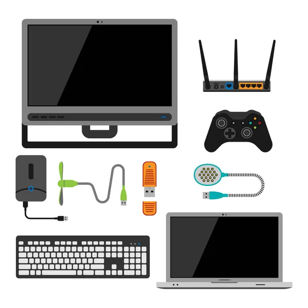 Elektronische gadgets pictogrammen technologie elektronica multimediatoestellen alledaagse voorwerpen controle en computer verbinding digitale netwerk vectorillustratie. — Stockvector