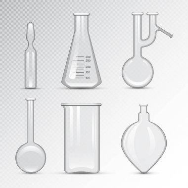 Kimyasal laboratuvar 3d laboratuvar şişesi cam tüp sıvı biyoteknoloji analizi ve tıbbi bilimsel ekipman vektör çizim.