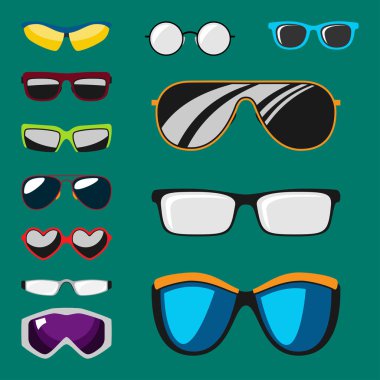 Güneş gözlüğü Aksesuar güneş gözlüğü plastik çerçeve modern gözlük vektör çizim moda ayarla.