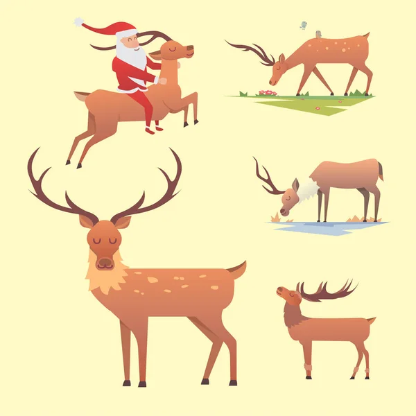 Noël renne vacances mammifère cerf Noël célébration mignonne décoration hiver art nouvel an faune animal et père Noël homme personnage vecteur illustration . — Image vectorielle