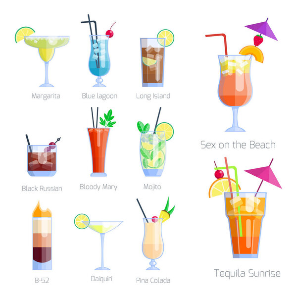 Set of alcoholic cocktails isolated fruit cold drinks tropical cosmopolitan freshness collection and party alcohol sweet tequila vector illustration.