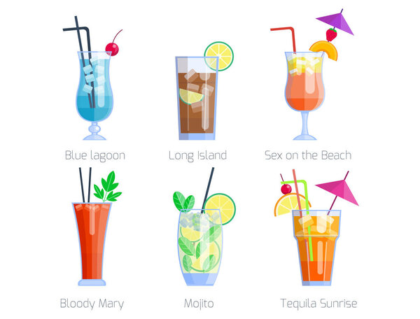 Set of alcoholic cocktails isolated fruit cold drinks tropical cosmopolitan freshness collection and party alcohol sweet tequila vector illustration.